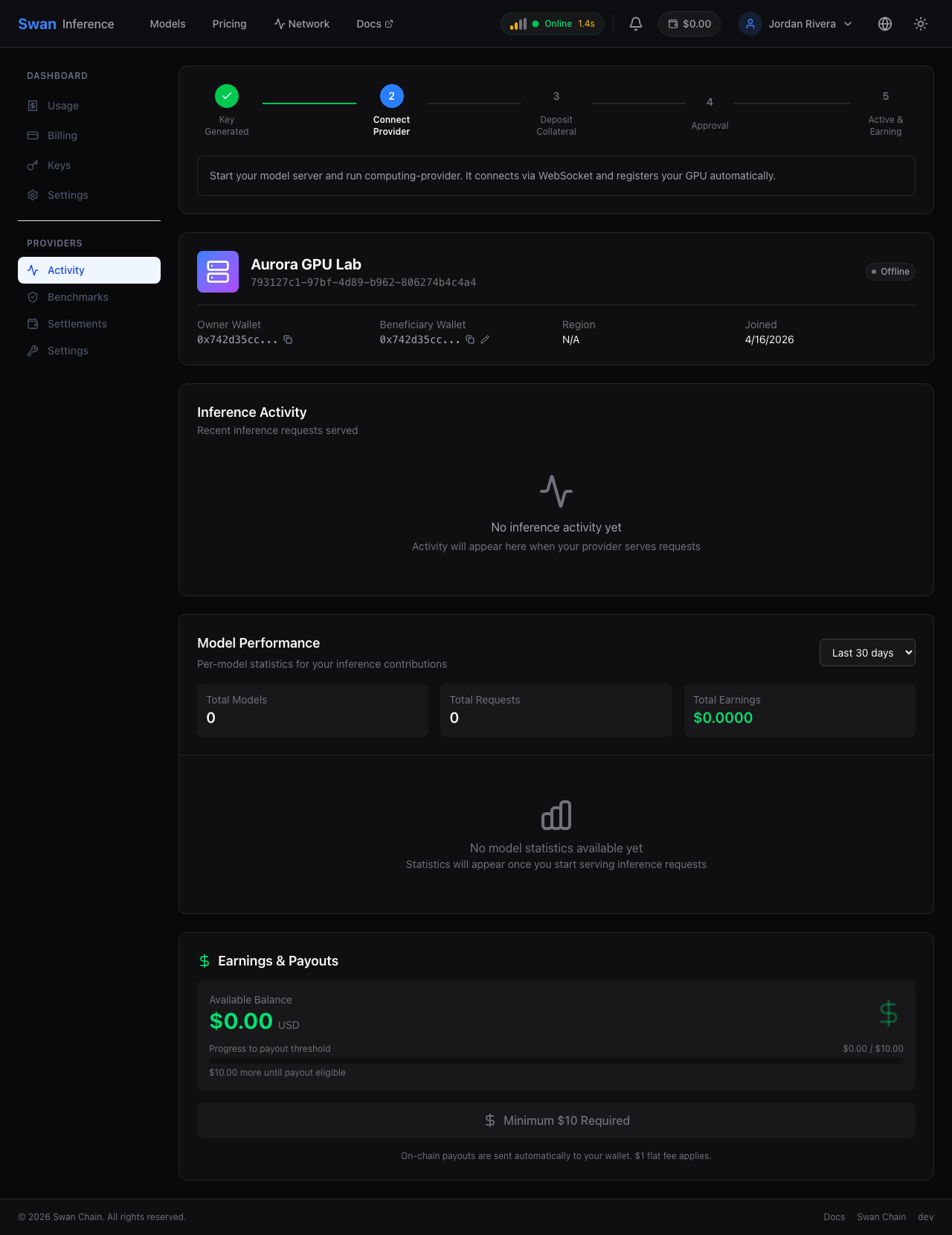 Provider activation stages shown in the dashboard