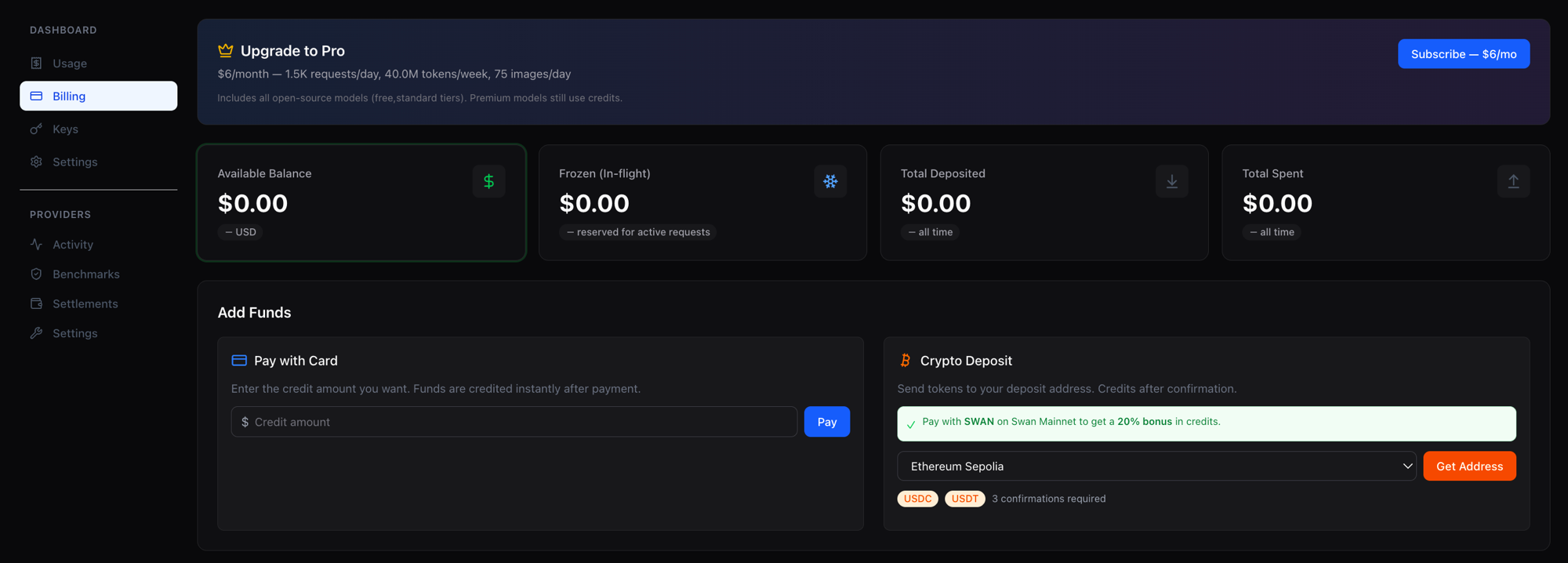 Deposit credits via Stripe or crypto