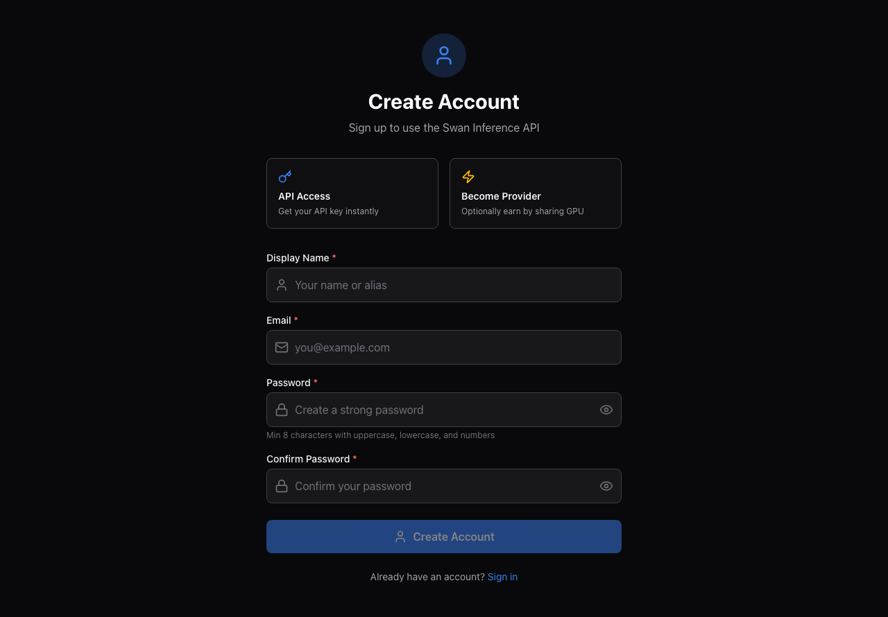 Swan Inference signup form