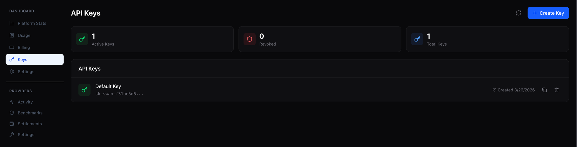 Dashboard showing API key